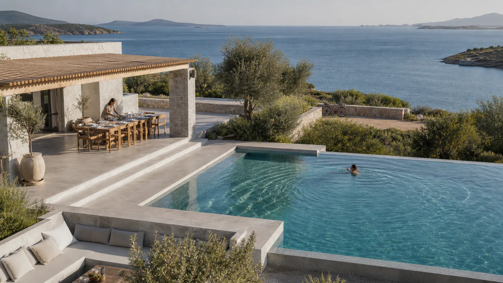 Editorial concept of a Greek villa prepared for swimming, dining and exploring