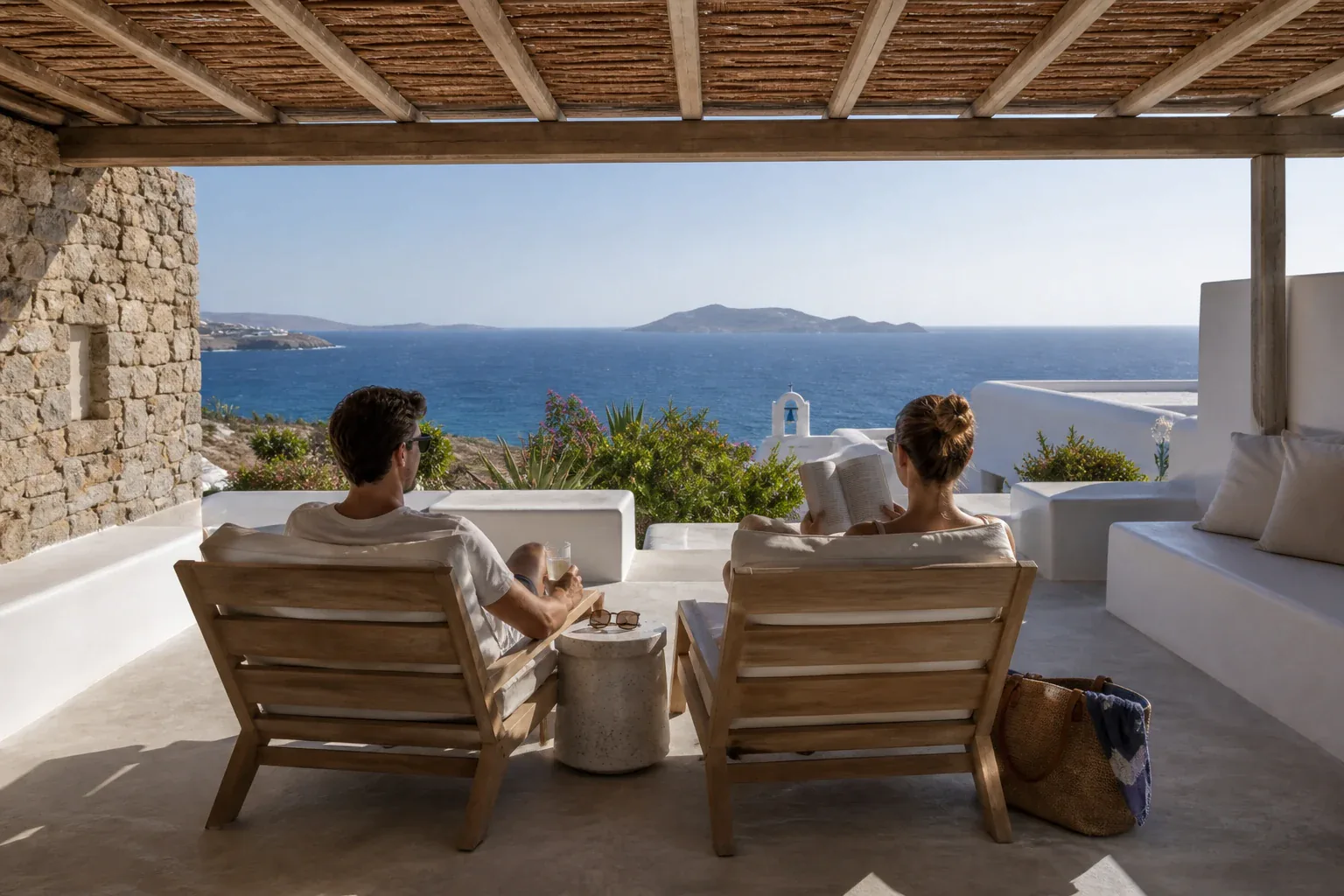 Two holidaymakers relaxing on a shaded Mykonos terrace above the Aegean