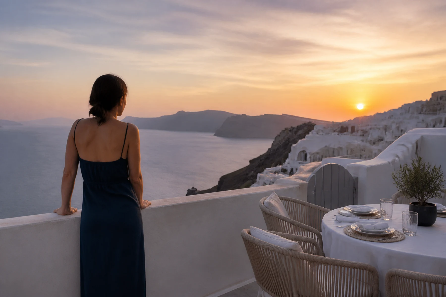 Editorial recreation inspired by a past guest's Santorini sunset photographs