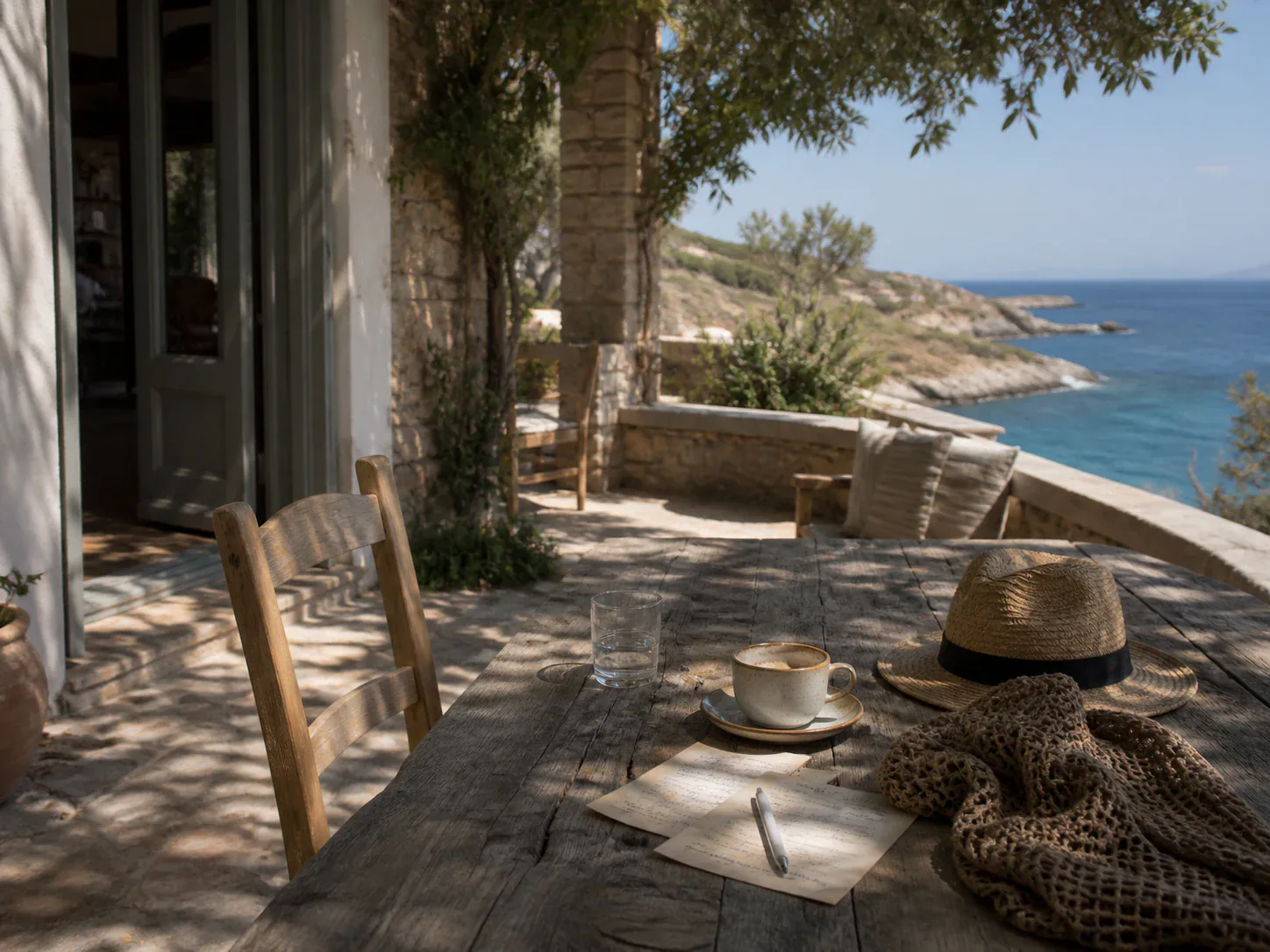 Editorial detail of handwritten trip notes on a shaded sea-view terrace