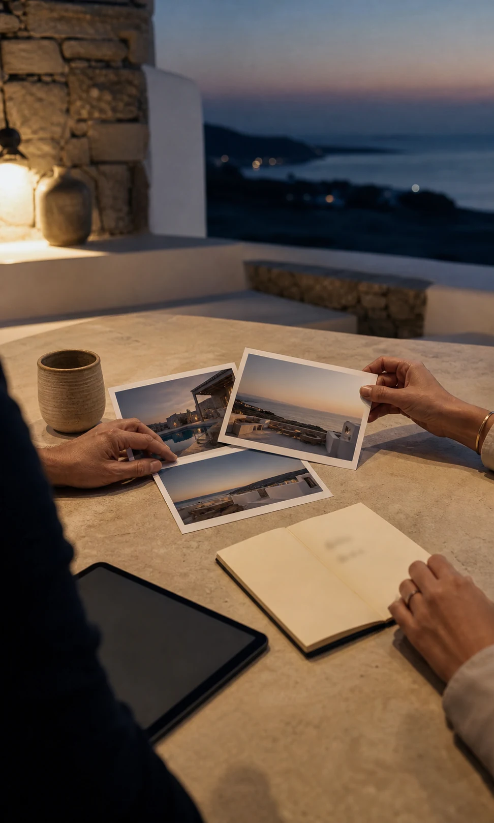 Travellers discussing plans at a coastal villa