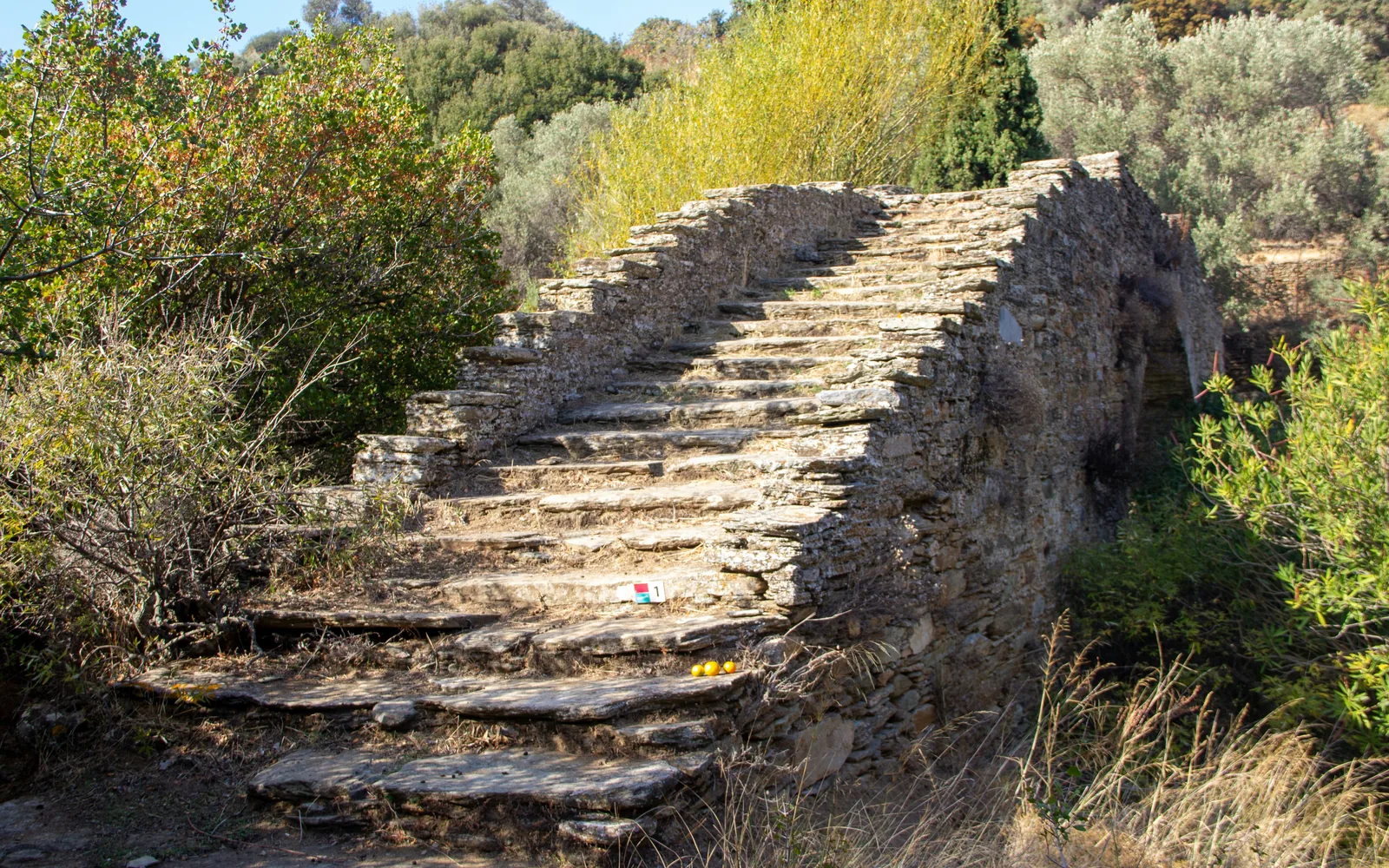 A stepped stone bridge with its waymark on the Andros Routes walking network