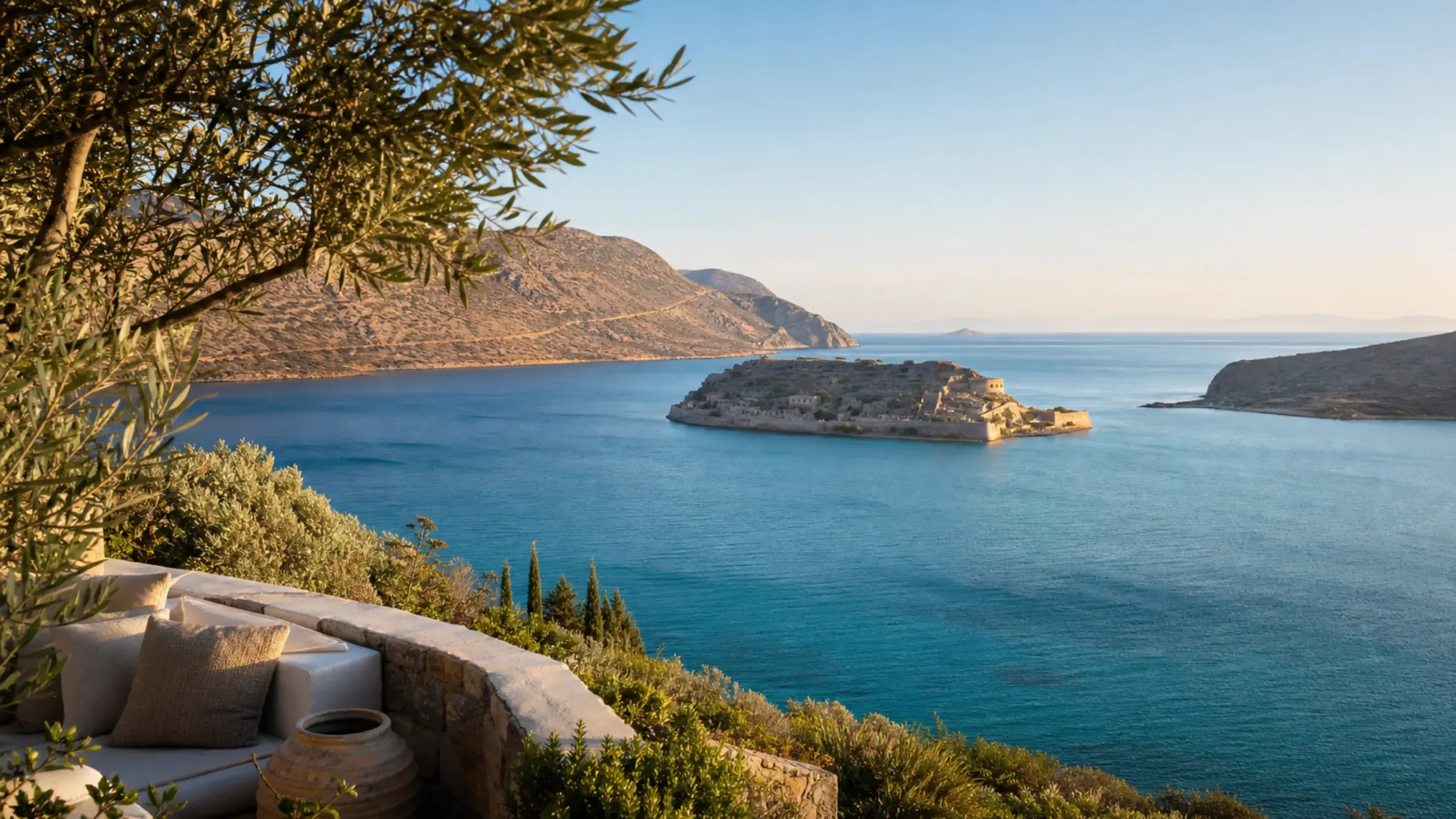 Spinalonga island offshore from Elounda in the Gulf of Mirabello