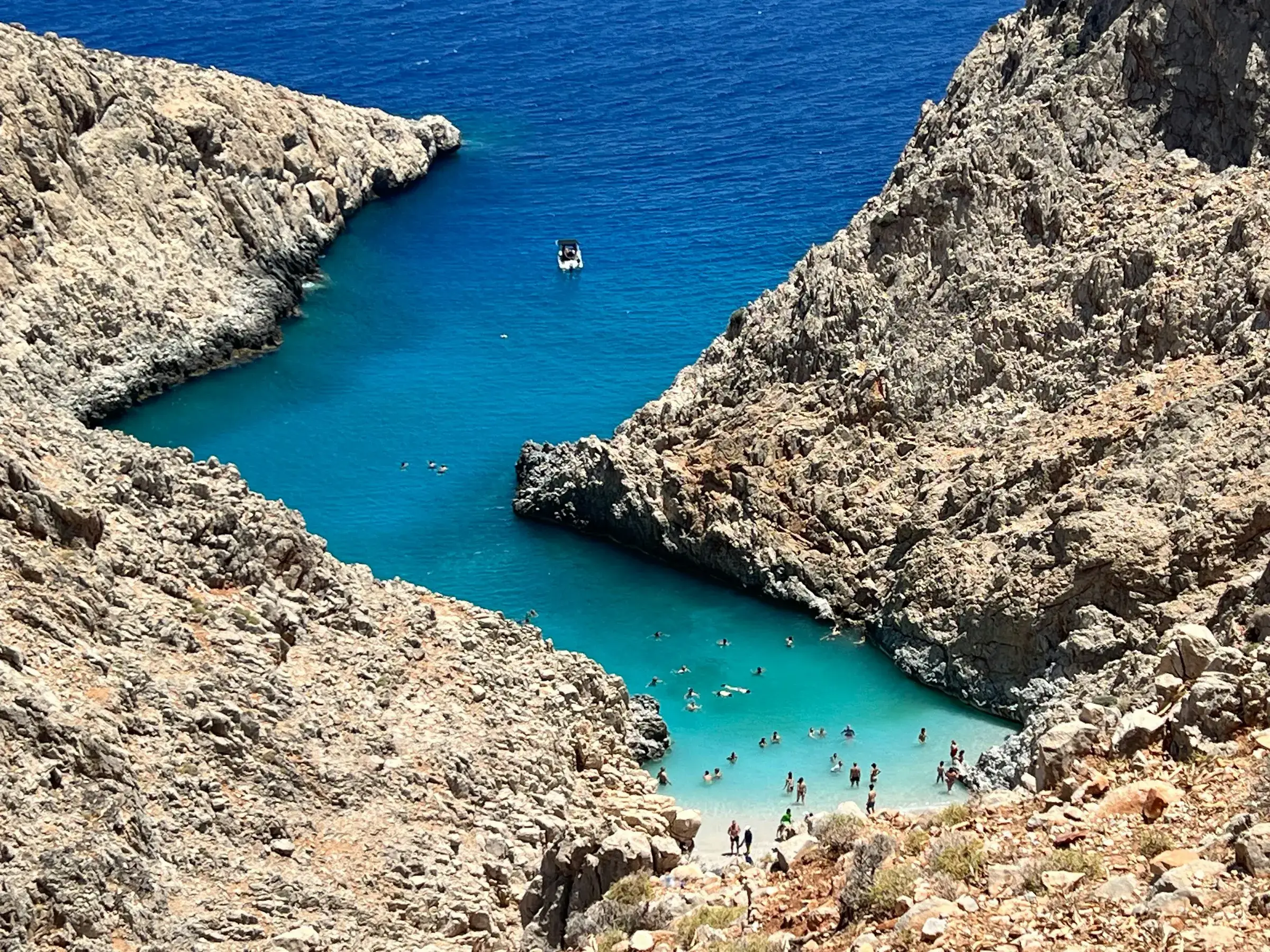 The narrow cove of Seitan Limania between high rock walls