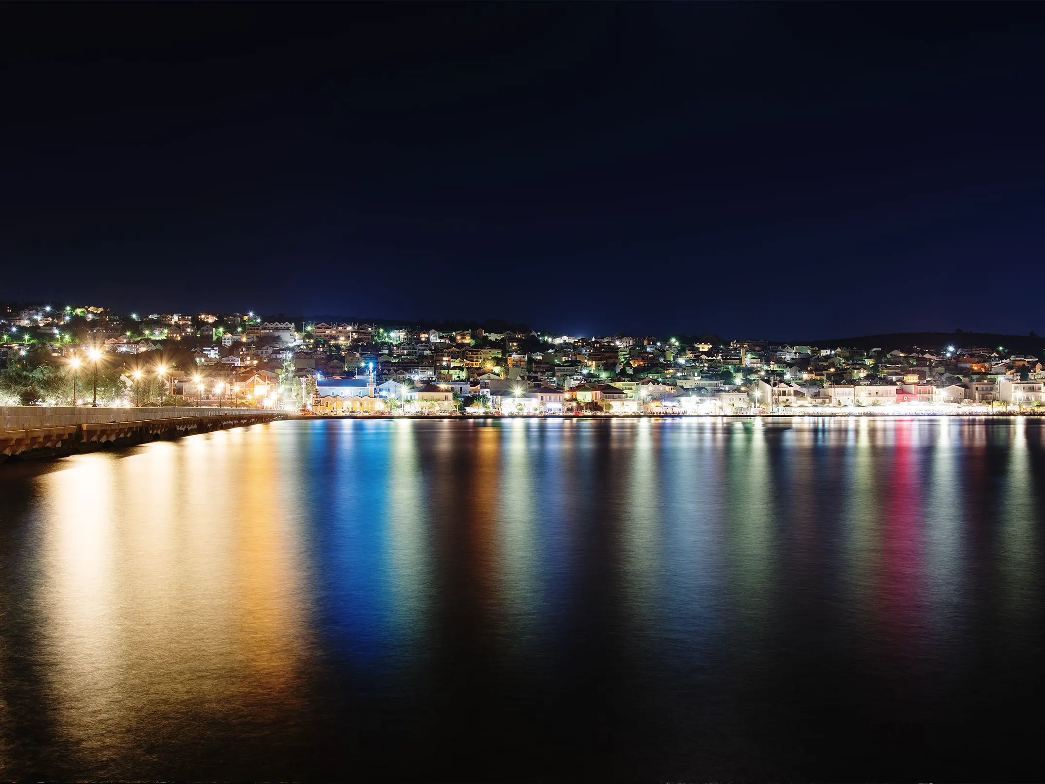 The De Bosset bridge across Koutavos lagoon at Argostoli by night
