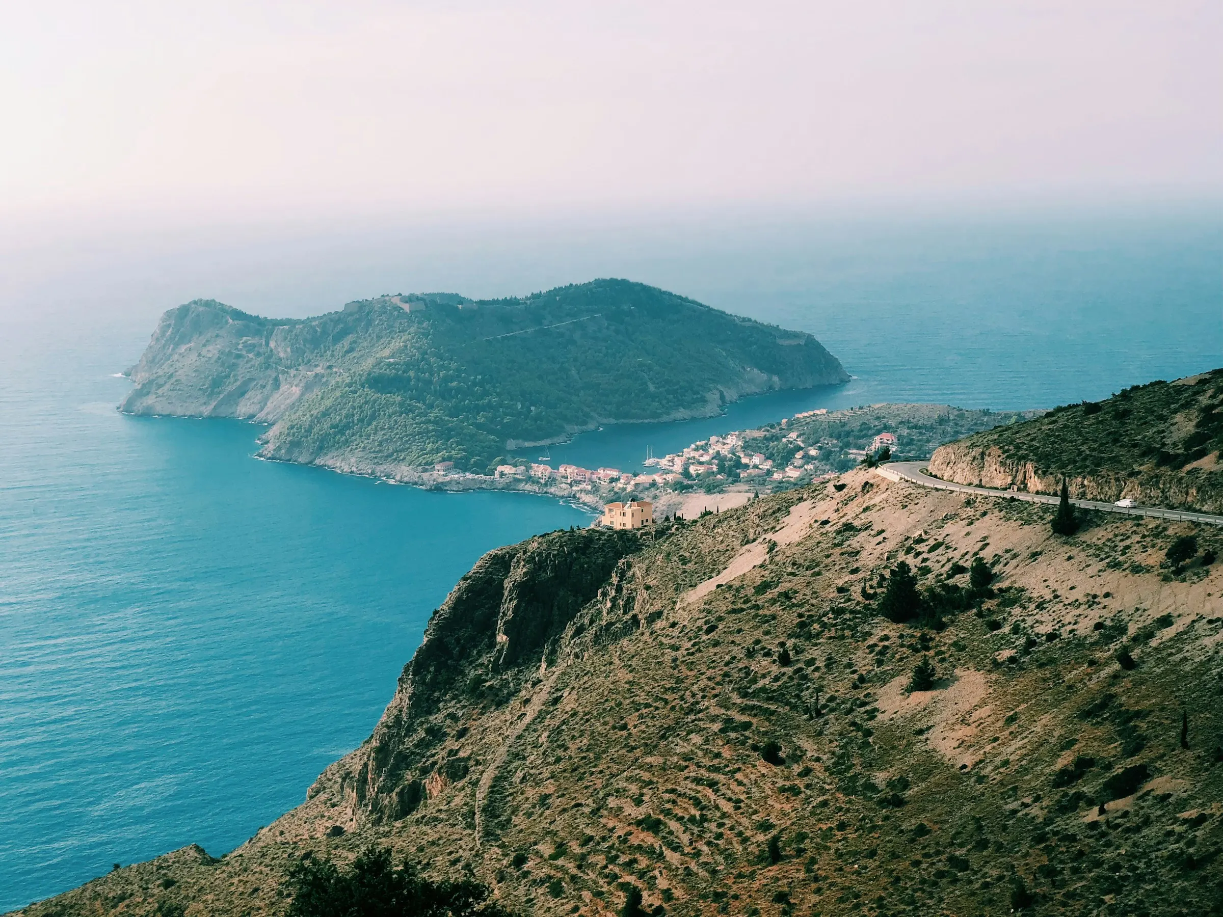 The winding coast road above Kefalonia's cliff-backed north-west coast