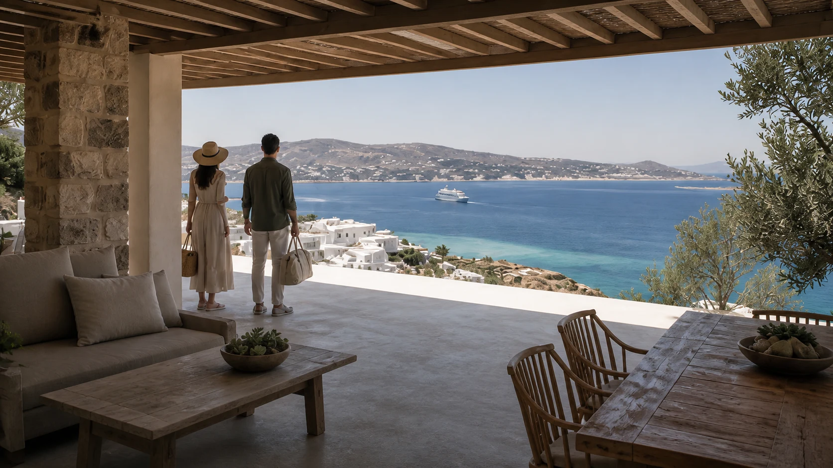 Travellers arriving at a Mykonos villa terrace overlooking the Aegean Sea