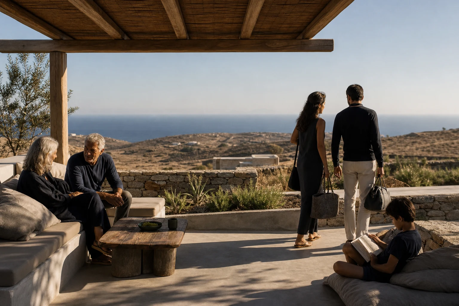 A mixed-age group spending time together on a shaded Cycladic terrace