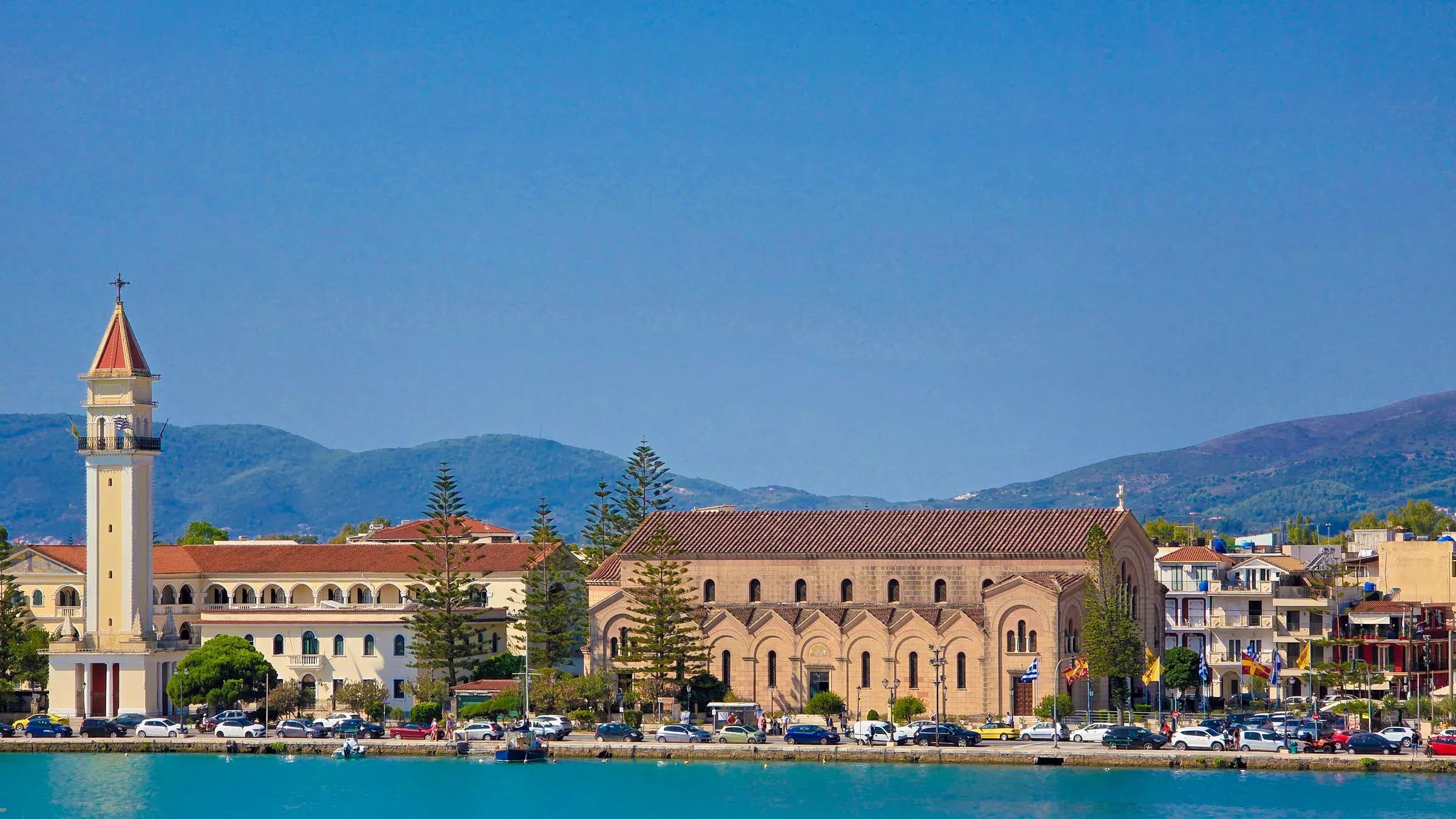 Agios Dionysios and the Zakynthos Town waterfront below the Bochali hills