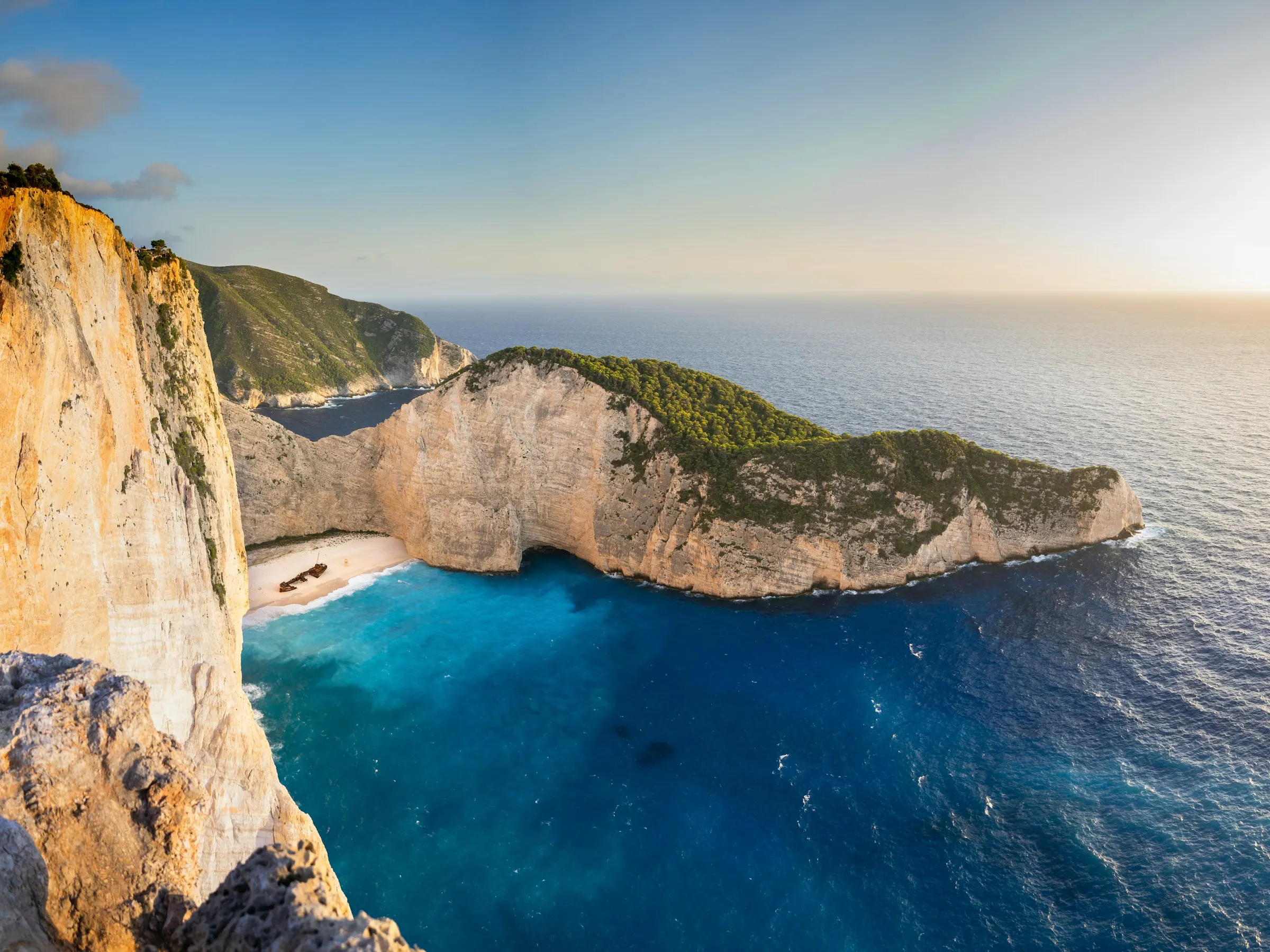 Navagio bay and the shipwreck seen from the clifftop viewpoint near Anafonitria