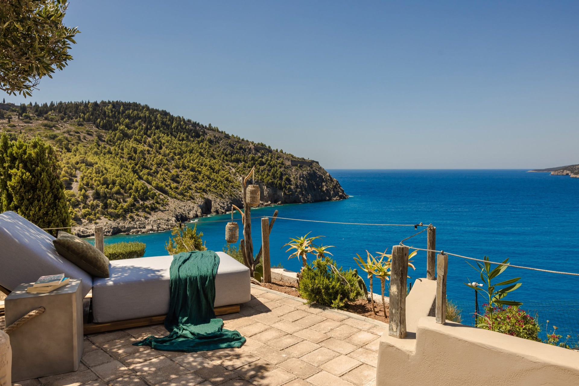 Terrace daybed at Villa Agapi above the Assos coastline