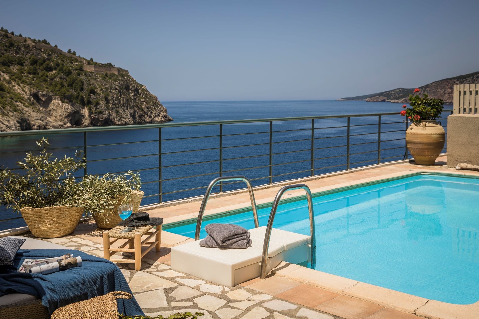 Private pool at Villa Akrogiali with the Venetian fortress of Assos across the water
