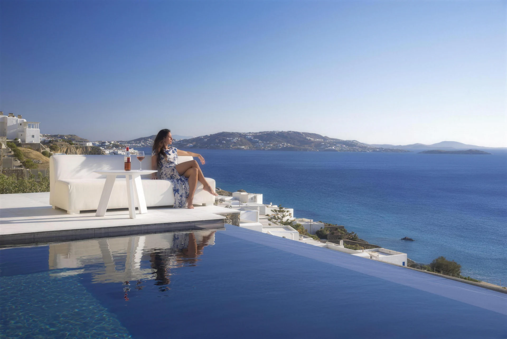 Private villa pool and open Aegean view in Mykonos