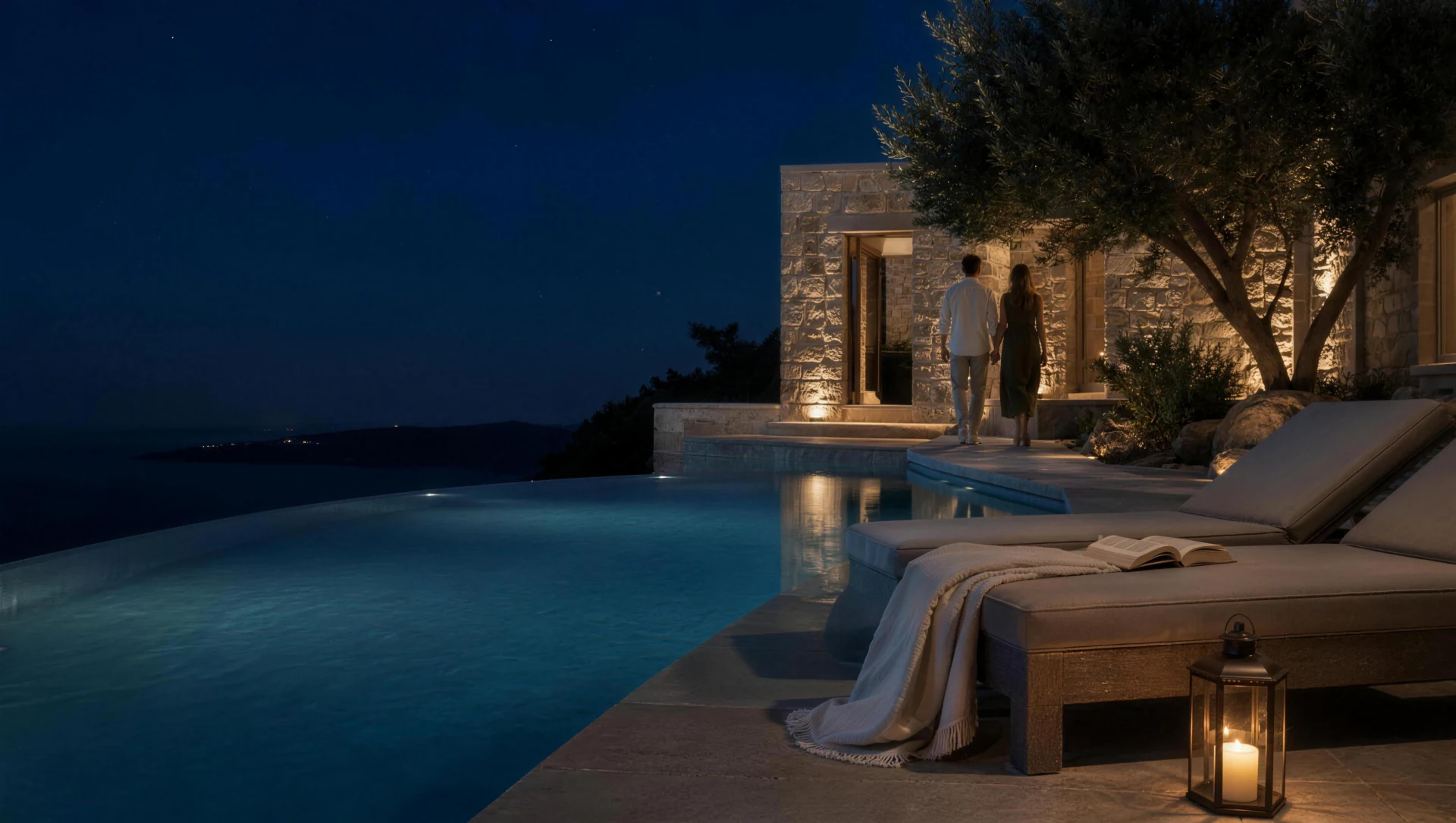 Editorial concept of a candlelit evening beside a Mediterranean villa pool