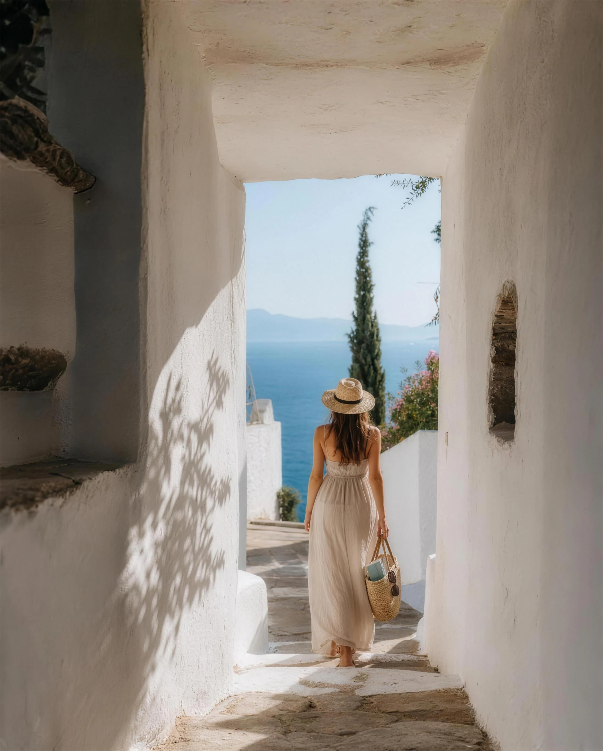 A holiday guest walking through a whitewashed villa passage towards the sea