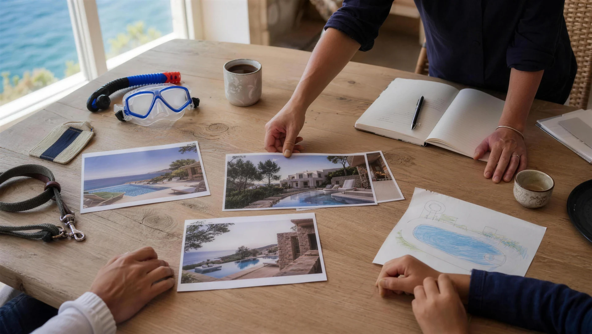A villa specialist and guests arranging a considered shortlist around the details of their trip