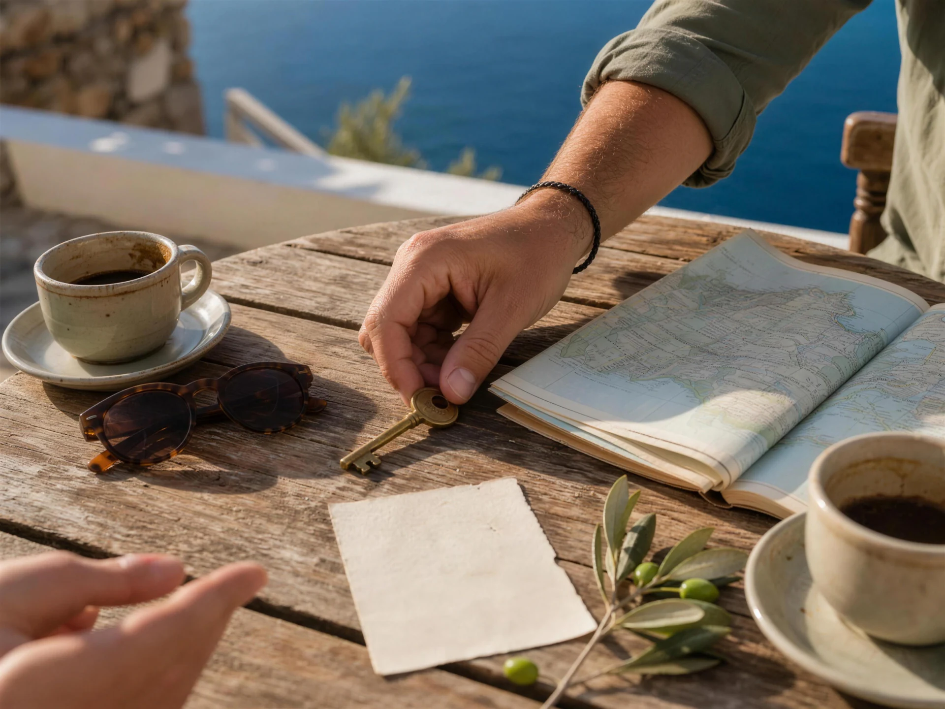 A villa key being handed over beside a map and morning coffee