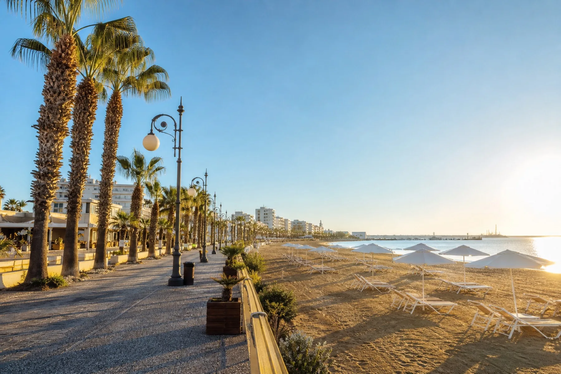 Finikoudes Beach in Larnaca, Cyprus, with palm-lined promenade and blue sea