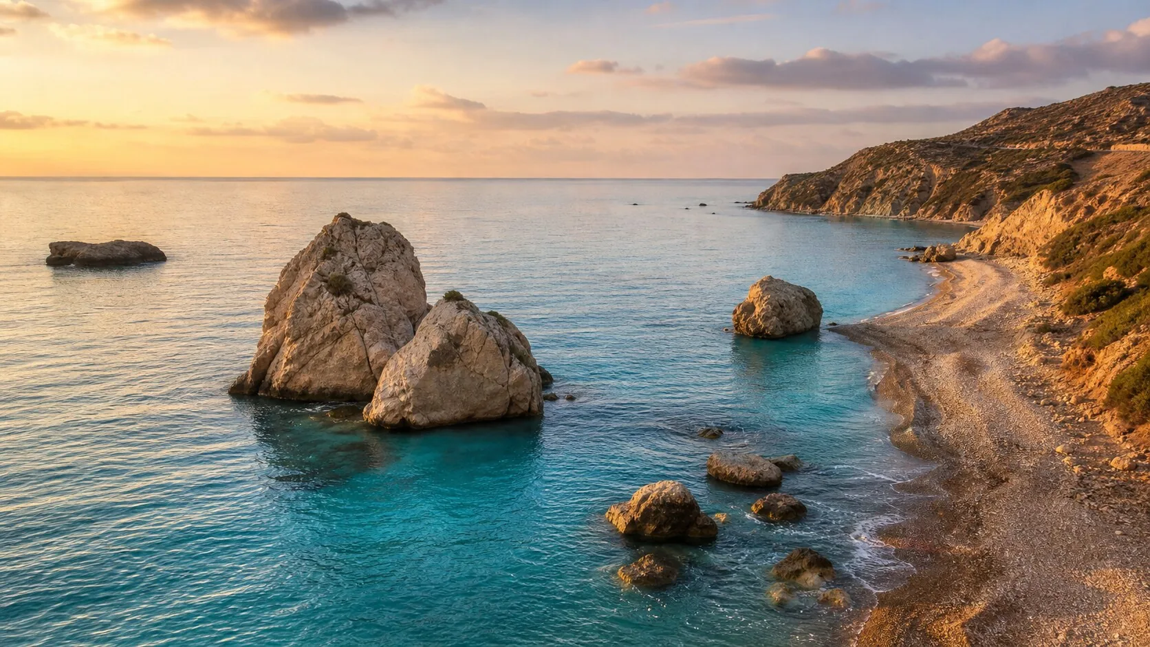 Aphrodite’s Rock and pebble beach near Paphos, Cyprus