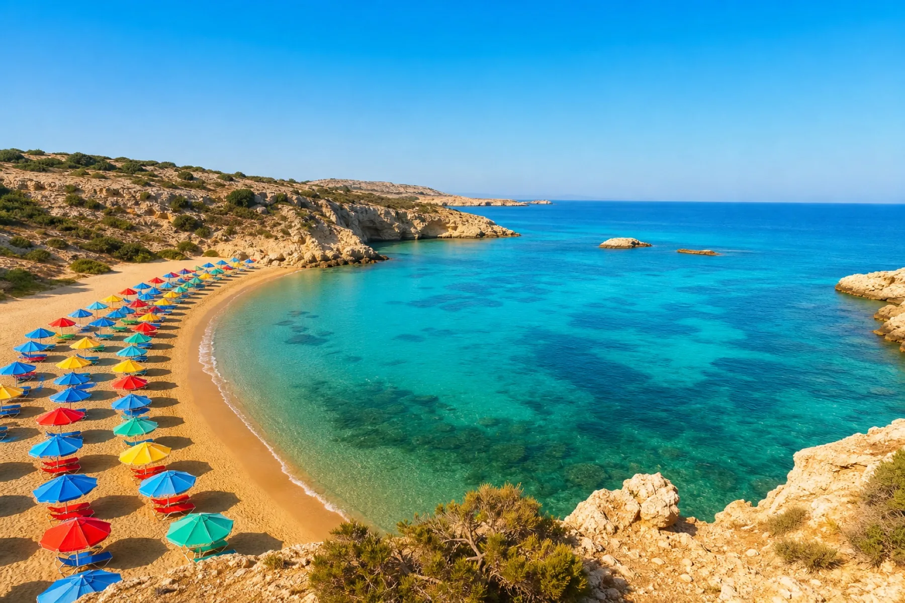 Coral Bay beach in Paphos, Cyprus, with colourful umbrellas and calm water