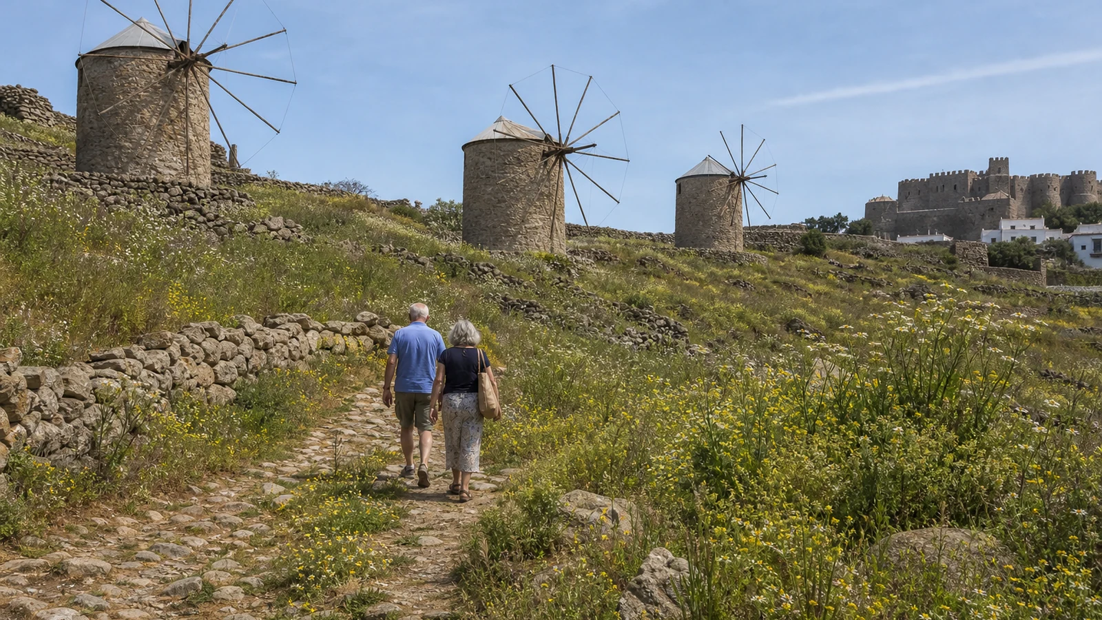 An older couple walking below the three windmills of Chora in late spring on Patmos