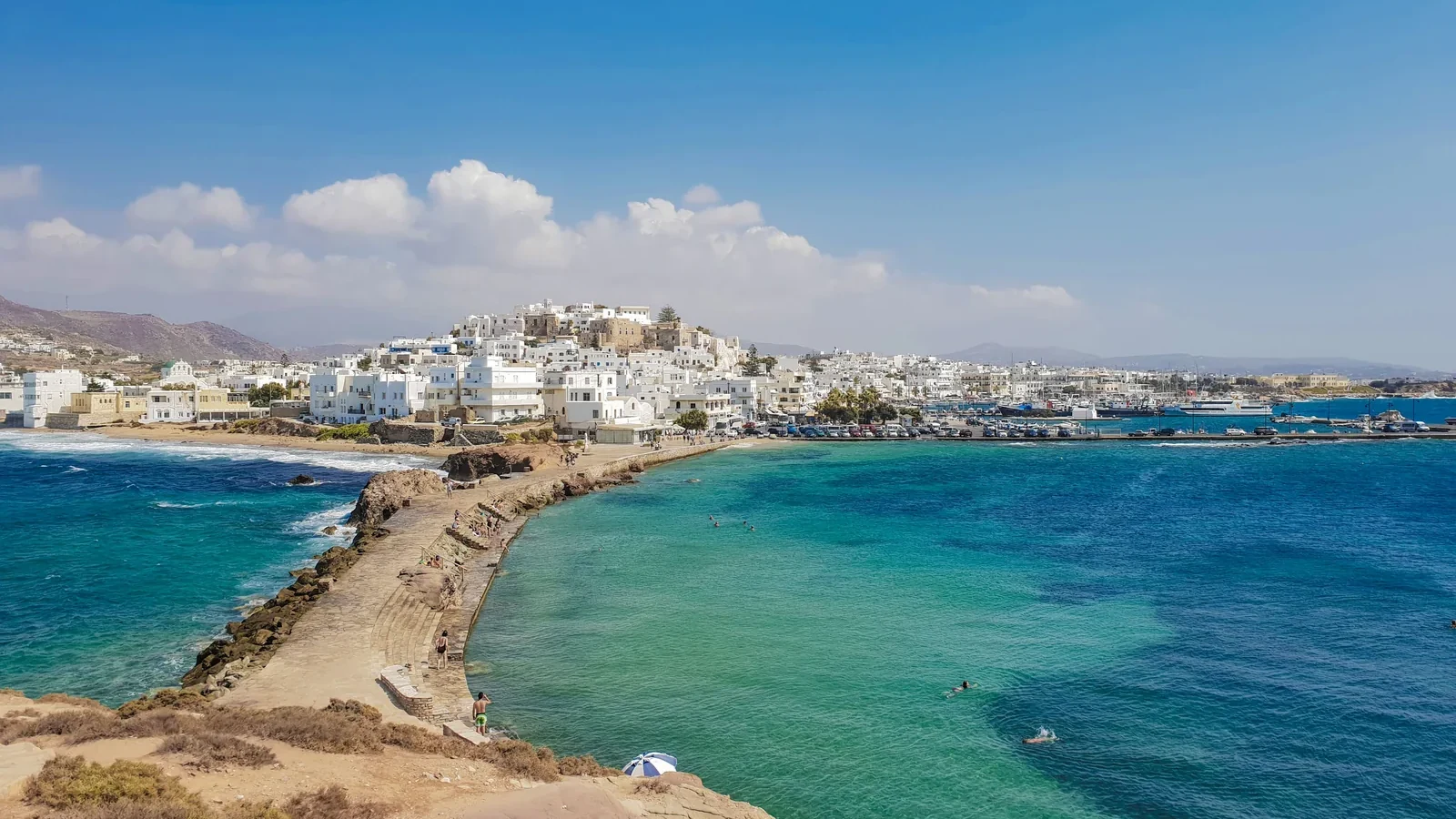 Naxos Town and Agios Georgios Bay seen across the west coast