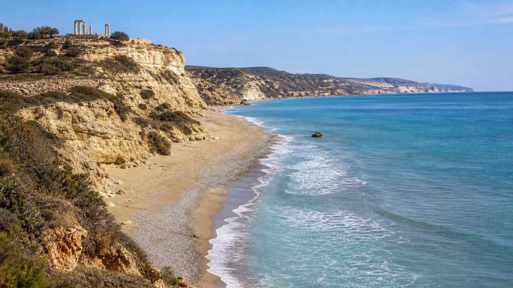 Kourion Beach beneath the ancient cliffside ruins in Cyprus