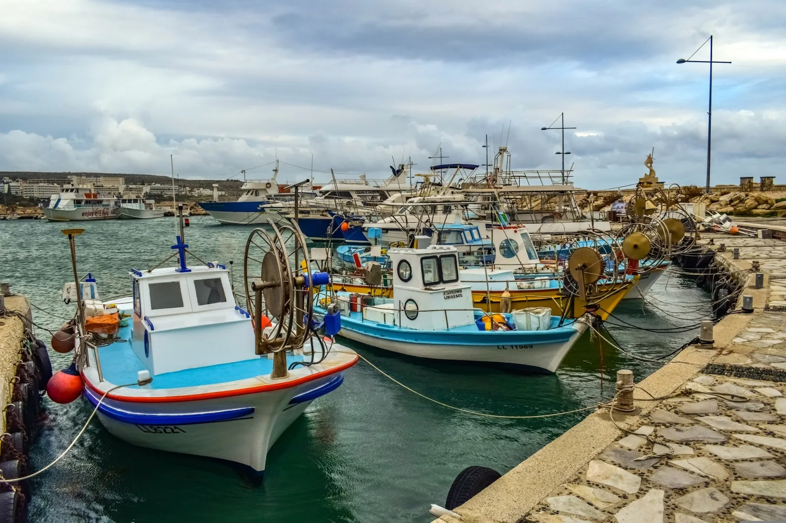 Fishing boats moored in the harbour at Ayia Napa, Cyprus