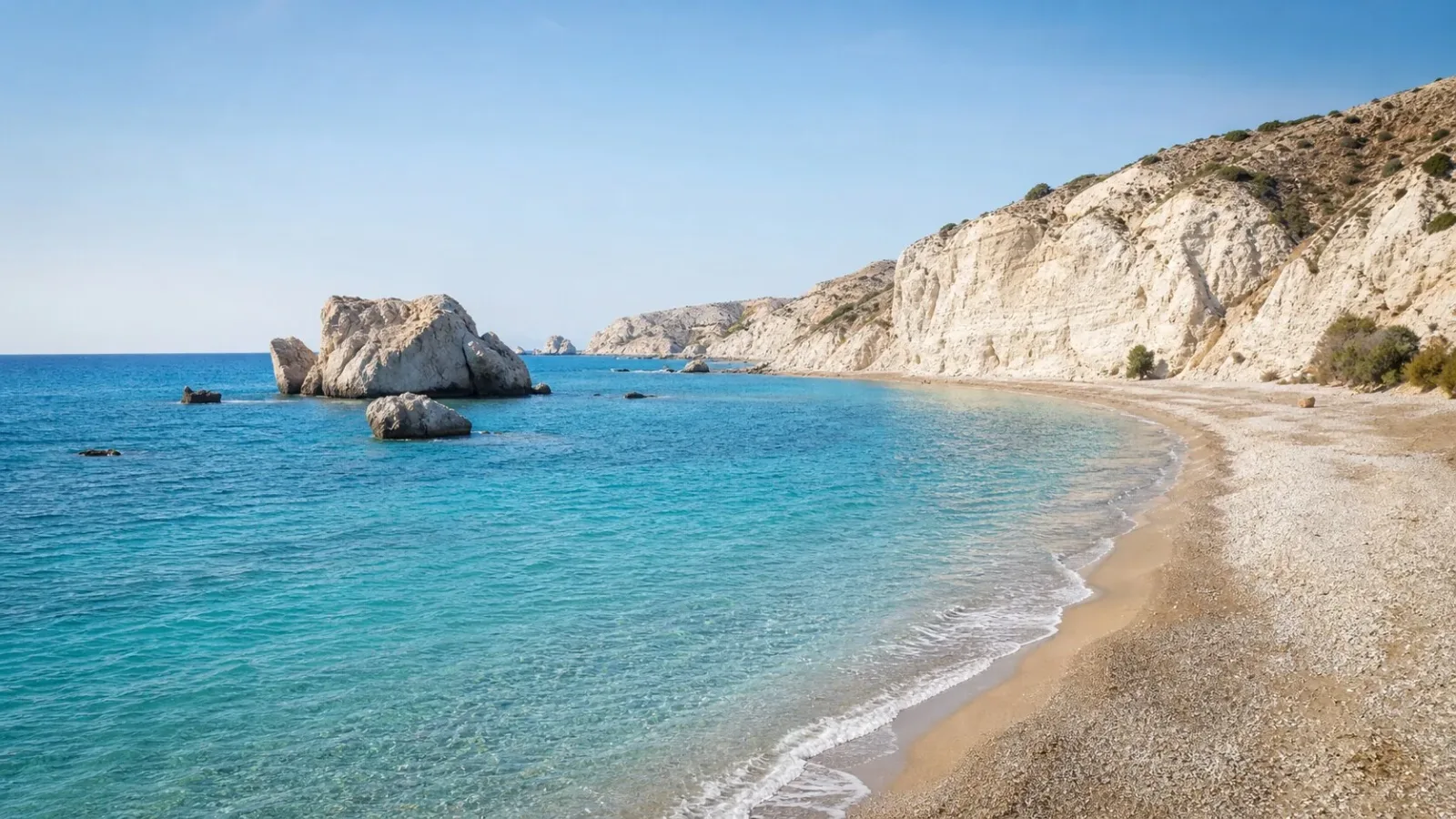 Pissouri Bay near Aphrodite Hills, Cyprus, with white cliffs and clear sea
