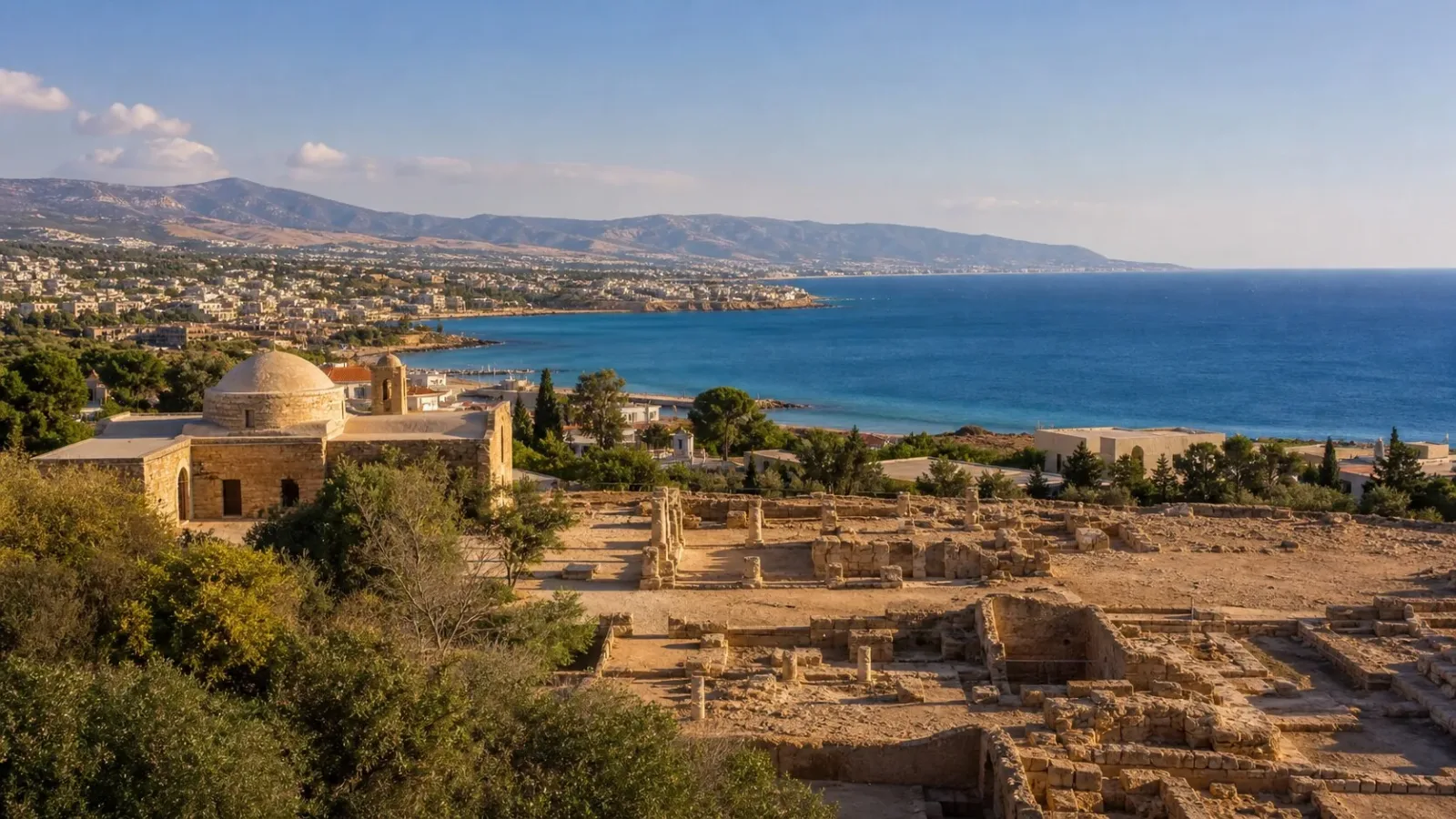 Paphos archaeological ruins and Mediterranean coastline in Cyprus