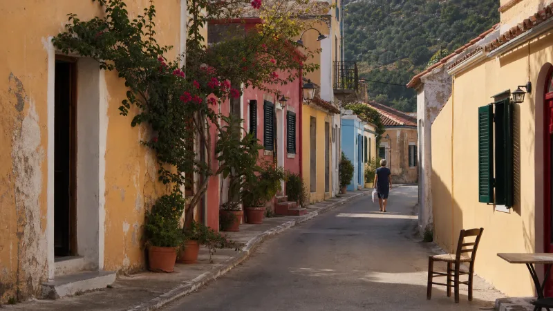 A resident walking past colourful houses and bougainvillea in Assos, Kefalonia