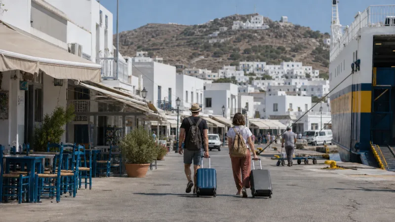 Travellers wheeling luggage from the ferry into Skala, Patmos