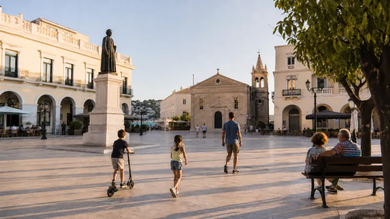 Families crossing Dionysios Solomos Square in Zakynthos Town in the early evening