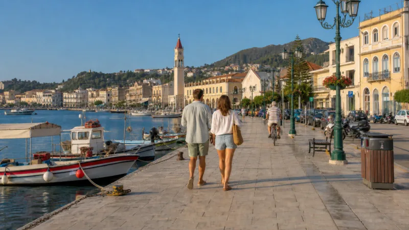 A couple walking along the harbour promenade in Zakynthos Town
