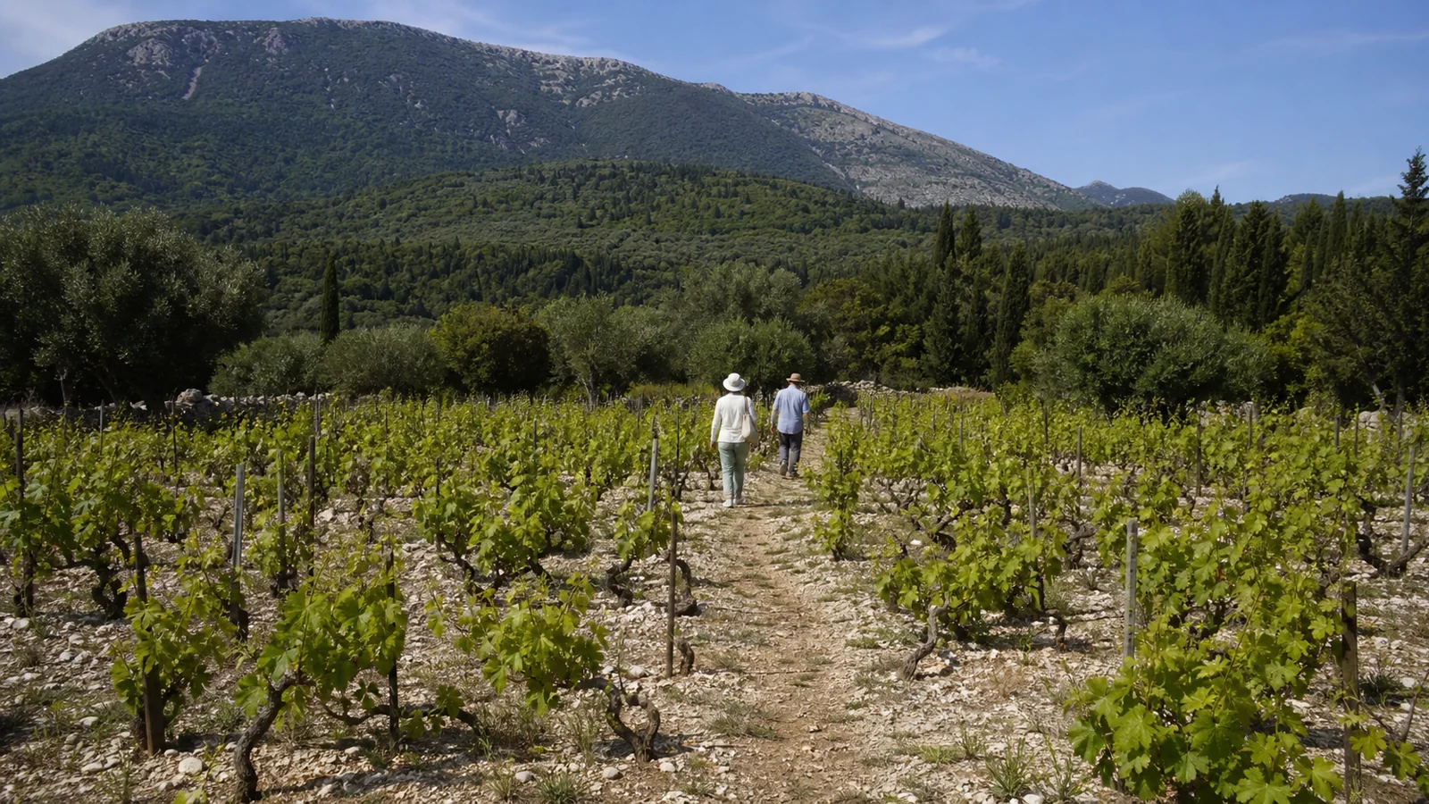 Two walkers crossing a Robola vineyard below Mount Ainos in Kefalonia in late spring