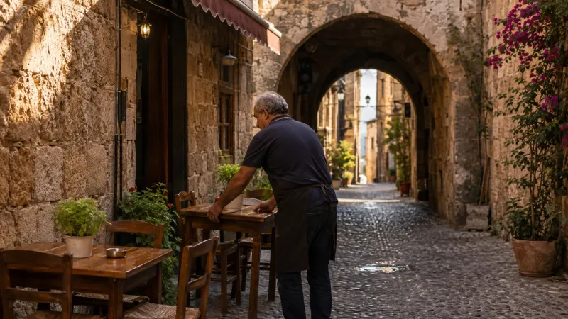 A café owner setting tables in an early-morning lane in Rhodes Old Town
